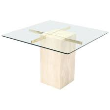 Square Travertine Marble Pedestal And Brass Glass Top Dining Game Table See More Antique And Modern Dining R Travertine Marble Marble Tables Design Glass Top