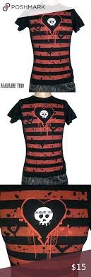 Black And White And Red All Over Alkaline Trio Alkaline Trio Red Striped Skull Heart T Shirt In 2020 Red Stripes Black And Red Black And Grey