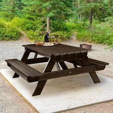 Wooden picnic table with umbrella, for home. Highwood Sequoia Professional Weathered Acorn Rectangular Plastic Outdoor Picnic Table Cm Tblsq36 Ace The Home Depot