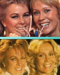 Frida together with another Swedish singer, Marianne Kock, posing with the  Swedish band Tom & Mick (also known as Tom & Mick & Maniacs or simply The  Maniacs)