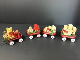 Set of 4 Figis Vintage Red Coaster Wagon With Flocked Bear Christmas  Ornament 