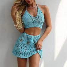 Two Piece Crochet Women Bikini Set Cover Up Swimsuit Swim Skirt Swimwear Bathing Swimdress Beachwear Skirted Swimwear Crochet Bikini Set Bikini Set Cover Up