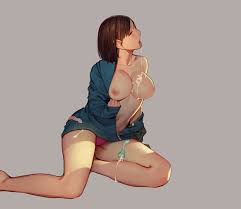 muk (monsieur), miyu (tiny evil), tiny evil, highres, 1girl, breasts, brown  eyes, brown hair, collarbone, condom, cum, cum on body, cum on breasts, cum  on upper body, cumdrip, female focus, grey background,