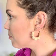 Wooden Bead Hoops, Natural Wood Earrings, Painted Metallic Wood Beads,  Hypoallergenic Stainless Steel, Gold Hoops, Neutral Hoop Earring