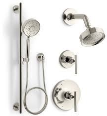 Magnatite® docking uses a powerful integrated magnet to snap your faucet spray wand precisely into place and hold it there so it stays docked when not in use and doesn't droop over time Kohler Kss Purist 4 Rths Bl Matte Black Purist Pressure Balanced Shower System With Shower Head Hand Shower Valve Trim And Shower Arm Faucet Com