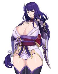 hella p, raiden shogun, genshin impact, highres, 1girl, breasts, cleavage,  huge breasts, large breasts, thick thighs, thighs 