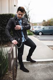 For a more refined look, try loafers, derby shoes. Leather Jacket Denim Shirt And Chelsea Boot Ootd Men Royal Fashionist