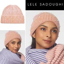 LELE SADOUGHI SATURDAY STRIPE EMBELLISHED RIBBED BEANIE PEARL HAT IN PINK  175 Hats