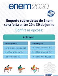 A aplicação do enem ocorre em dois domingos. Instituto Nacional De Estudos E Pesquisas Educacionais Anisio Teixeira Participantes Que Se Inscreveram Para O Enem 2020 Poderao De Forma Voluntaria Contribuir Para A Escolha Do Periodo De Aplicacao Das Provas