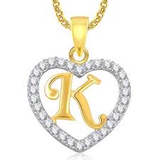 Meenaz Ame Gold Plated Crystal Brass Copper K Letter Heart Pendant Locket Alphabet With Chain For Men And Women