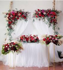 Wedding Arch Artificial Silk Fake Flowers Swag Decorative Floral Home Party Triangle Flower Swag Stage Backdrop Arch Stand Decoration In 2020 Red Wedding Decorations Wedding Arch Fake Flowers
