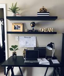 Black Desk From Ikea And Black Floating Shelves From Walmart Black Desk Floating Ikea Office De Home Office Setup Black Floating Shelves Office Desk Decor