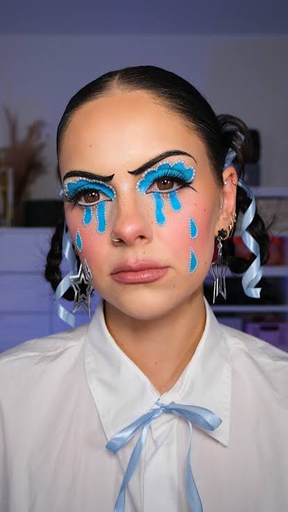 THE RESULTS 💙 of my Cry Baby makeup! If you try this trend, make sure to  put a towel on your lap + the floor lol 😂 , products (ft pr gifting) ,  @byelliebeauty brow gel, @anastasiabeverlyhills ...