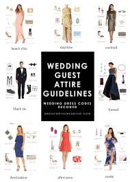 Typically an evening wedding after 6 pm, formal wedding wear includes both white and black tie tuxedos. Wedding Guest Attire Guidelines Wedding Dress Codes