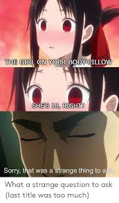 Maybe you would like to learn more about one of these? Tihe Girl On Your Body Pillow She S 18 Righat Sorry That Was A Strange Thing To Ask What A Strange Question To Ask Last Title Was Too Much Anime Meme On