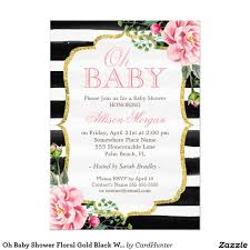 Black And White Floral Invitation Design Oh Baby Shower Floral Gold Black White Stripes Invitation Zazzle Com Glitter Invitations Gold Glitter Invitation Striped Wedding Invitations