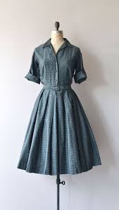 Vintage 1950s Super Soft Cotton Shirtwaist Style Dress In Dark Moody Green With Tiny Mandala Print Vintage 1950s Dresses Shirtwaist Dress Fashion
