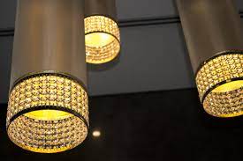 Custom Made Pendants In Satin Gold Fabrics Designed For Grand Millennium Hotel Business Bay Dubai Light Project Lighting Fixtures Led Lights