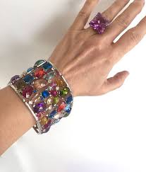 Multi Gemstone Multi Color Estate Bracelet Multi Stone Wide Etsy Prong Set Stones Colorful Bangles Wide Cuff Bracelets