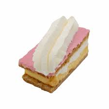 Tompouce is a traditional dutch pastry consisting of a thin puff pastry that is filled with cream and topped with a layer of smooth, pink icing. Tompouce Banketbakkerij Mastenbroek