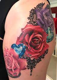 Roses Diamonds Laces Tattoo C Tattoo Artist Michelle Maddison Lace Rose Tattoos Lace Tattoo Thigh Tattoos Women