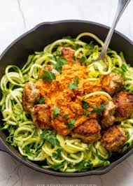 The aroma of cheese and sauce makes it mouth watering. Romesco Chicken Meatballs With Zucchini Noodles The Bewitchin Kitchen
