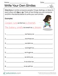 A simile is a figure of speech in which two fundamentally unlike things are explicitly compared, usually in a phrase introduced by like or as. simile definition and examples. Write Your Own Similes Worksheet Education Com