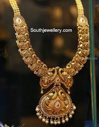 22 Carat Gold Antique Peacock Nakshi Mango Haram Adorned With Rubies Emeralds Cz Stones And Gold Jewelry Fashion Antique Bridal Jewelry Initial Necklace Gold