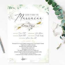 Certificat Marraine Collection Eucalyptus Souvenir Bapteme Marraine Cadeau Marraine