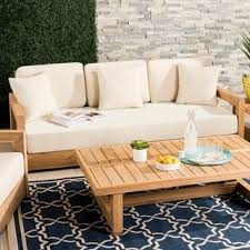 Shop Safavieh Couture Outdoor Montford Teak Brown Beige 3 Seat Commercial Grade Sofa On Sale Free Shipping To Teak Patio Furniture Patio Sofa Outdoor Sofa