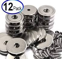 12 Set Neodymium Cup Magnets with 99 LB Pull, 1.26" Diameter, #10 Countersunk Hole, Includes Strikers & Screws