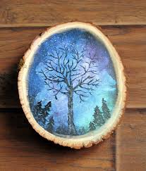 Northern Lights Painting On Large Wood Slice Art By Outofthedoor Wood Slice Art Painting On Wood Northern Lights Painting