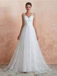 Ein besonderes kleid für einen besonderen anlass: Elegante A Linie Boho Brautkleid Standesamt Lang Spitze V Ausschnitt