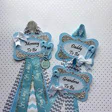 Amazon Com Blue Pin Mommy Daddy Grandma To Be Baby Shower Corsage Tags Grey Chevron Baby Shower Corsage Handmade Products