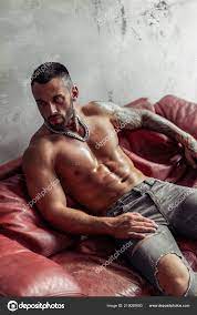 Fashion Portrait Sexy Naked Male Model Tattoo Black Beard Sitting Stock  Photo by ©littlekzaka@gmail.com 219058680