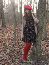 Black And White Polka Dot Dress With Black Tights Red Beret Tan Trench Coat Polka Dot Dress Red Tights Tan Heels Red Tights Colored Tights Black N White Dress