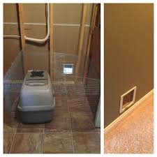 Diy Hidden Litter Boxes Caged With Chicken Wire Small Cat Door Through Interior Wall Into Our Unfinished S Cat Door Hidden Litter Boxes Pet Door Installation