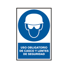 Señal de Obligación (azul y circular) de usar casco y lentes de seguridad.