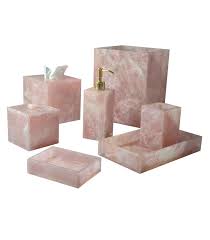 To narrow down the pool for my pink bathroom mood boards, i gathered a dozen different sets that note, these bathroom design boards all start with pink field tile from b&w… bullnose tile from b&w. Pink Rose Quartz Bath Accessories Set Pink Quartz Crystal Bathroom Decor
