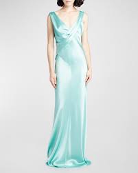 Alberta Ferretti Draped Satin Sleeveless Bow-Shoulder Gown