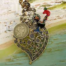 Vintage Portuguese Coin Rooster In Filigree Heart Pendant Etsy Luck Charms Filigree Jewelry Vintage