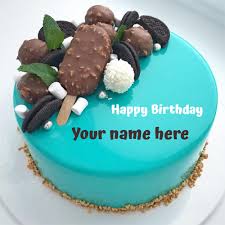 Write Name On Chocobar Candy And Oreo Toppings Cake Cake Writing Happy Birthday Cakes Happy Birthday Cake Writing