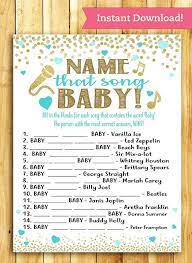 Baby Shower Game Name That Song Baby Teal Blue And Gold Etsy Boy Baby Shower Games Funny Baby Shower Games Baby Shower Songs
