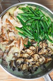 Green Bean Mushroom Skillet With Chicken In Creamy Garlic Sauce The Trick Is To Cook Mushrooms In A Skillet With A Large Green Bean Recipes Bean Recipes Food