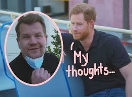 James corden, prince harry, and a virtual meghan markle appeared on the late late show for a los angeles bus trip. Nvtguejbp4wy M