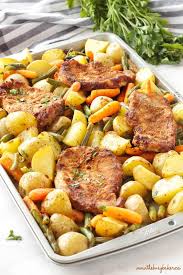 Easy Pork Chop Sheet Pan Dinner Weeknight Meal The Busy Baker Easy Pork Chop Recipes Sheet Pan Dinners Recipes Pork Dinner