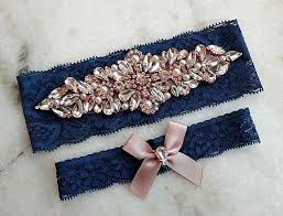 Gorgeous Navy Blue Lace Wedding Garter Set Made With Glass Crystal Rhinestones In Rose Gold Set Wedding Garter Blue Wedding Garter Set Lace Wedding Garter Set
