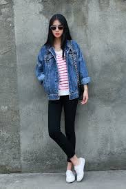 Womens Black And Blue Denim Jacket Women S Blue Denim Jacket White And Red Horizontal Striped Crew Neck T Shirt Black Skinny Jeans White Canvas Low Top Sneakers Hipster Fashion Korean Fashion Korean Street Fashion