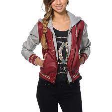 Obey Varsity Lover Burgundy Hooded Faux Leather Jacket Zumiez Leather Jacket Leather Jacket With Hood Faux Leather Jackets