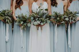 Brides,bridesmaids wedding bouquet flowers navy blue/ white or ivory. All Greenery Bouquet And Bridesmaids Bouquets Of Eucalyptus Fern And More Tied With Sil Greenery Bouquet Bridesmaid Bridesmaid Flowers Flower Bouquet Wedding